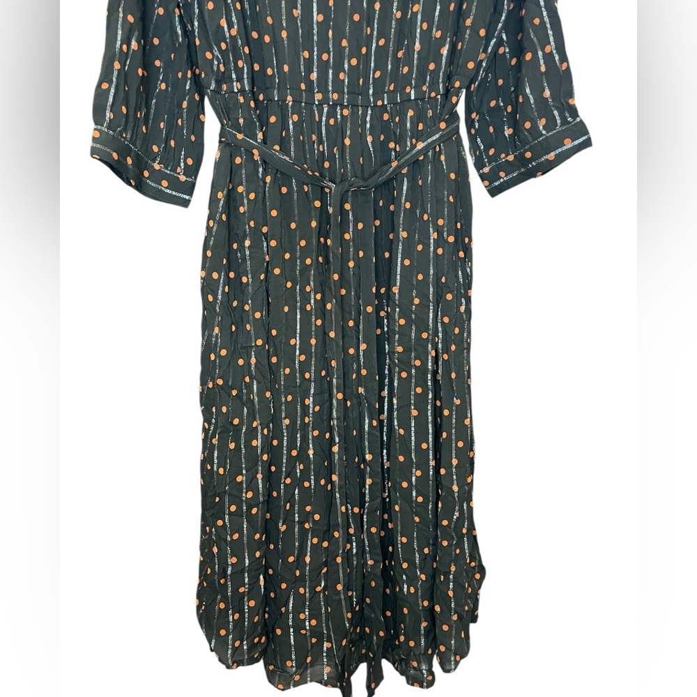 Lane Bryant Black with Silver Stripe and Brown Polka Dot Dress 3/4 Sleeves - Picture 4 of 8